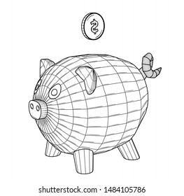Pig as a money box with american dollar coin - USD. Black outline illustration on white background. Sketch.