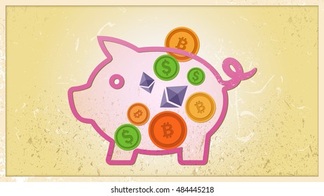 Pig money box for dollar, ethereum, bitcoin mixed savings