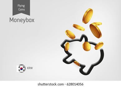 Pig money box icon with flying south korean won coins, finance concept.
