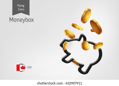 Pig money box icon with flying canadian dollar coins, finance concept.