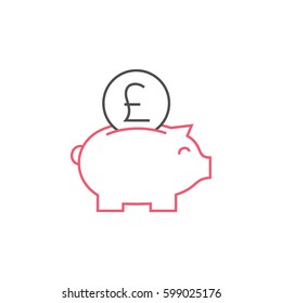 Pig Money Box Icon, Pound Sterling  (UK) Sign, Flat Design Pictogram, Vector Illustration