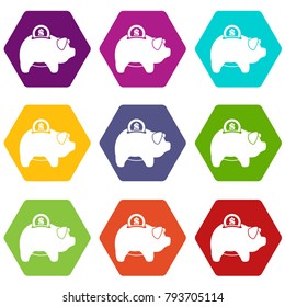 Pig money box icon set many color hexahedron isolated on white vector illustration