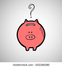 Pig money box with question mark isolated on white background. Ideal for posters, t-shirt prints, web design.