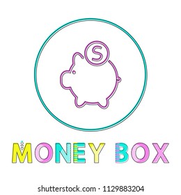 Pig money box with round coin vector illustration, isolated on white background pink container for finances collecting and holding, circle color frame
