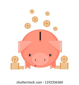 Pig money box for saving monay with flying dollar coins. Concept of money, investment, banking, business service. Piggy bank with coin icon, isolated flat style for poster, banner, logo