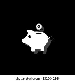 Pig money box. White flat simple icon with shadow
