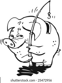 pig moneybox with a fishing-rod getting some cash