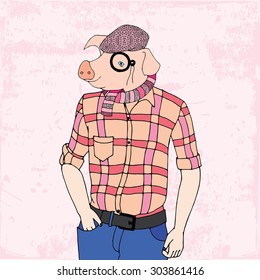 Pig with monocle - dressed in pink shirt and trousers 