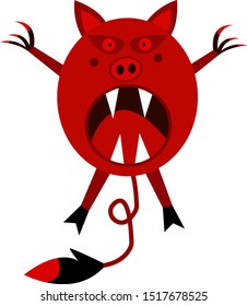pig monster with sharp fangs and claws scary red character for halloween object for design on a white background