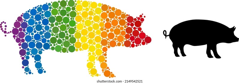 Pig mosaic icon of round items in variable sizes and rainbow bright shades. A dotted LGBT-colored pig for lesbians, gays, bisexuals, and transgenders. Vector icon in LGBT flag colors.