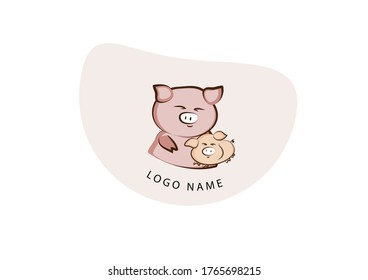 pig mother and piggy playing vector, happy logo