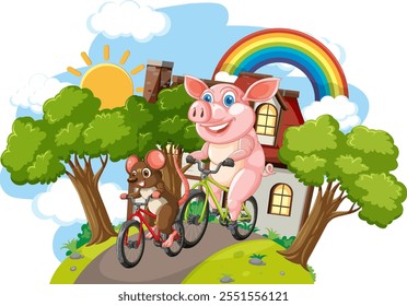Pig and mouse riding bikes under a rainbow