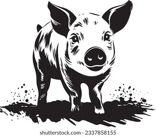 Pig in mud, Basic simple Minimalist vector graphic, isolated on white background, black and white