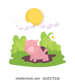 pig in the mud flowers grass sun farm animal cartoon vector illustration