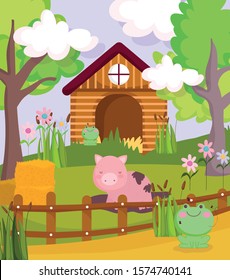 pig in mud frogs hay house trees fence farm animals vector illustration