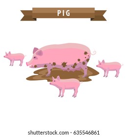 Pig in mud with little pigs vector illustration flatfarm