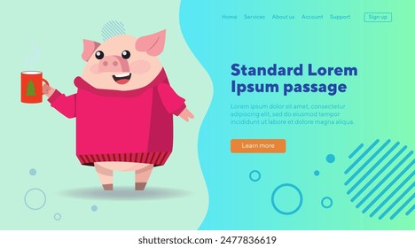 Pig with mug flat vector illustration. Cartoon character in pulover standing and drinking coffee or tea. Winter, beverage, fashion concept can be used for banner or landing page