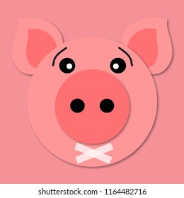 Pig muzzle close up. Funny and cute pig face in cartoon style. 3d paper art. Vector. Pig icon. Tape over lips