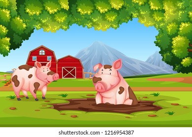 Pig in nature farm illustration
