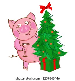 Pig near the green Christmas tree with a gift. 2019 Chinese New Year of the Pig. Vector illustration