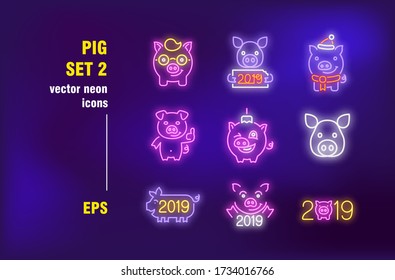 Pig neon signs collection. Illuminated Boar, hog and pork. Vector illustrations for bright billboards. Chinese New Year and farm animals concept