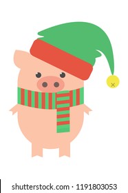 A pig is a New Year's elf. A pig in an elf costume in a hat with a bell and a scarf. Cartoon, vector