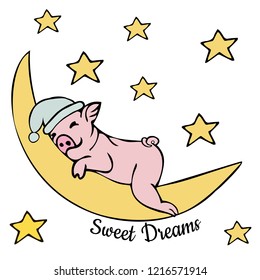 A pig in a night-cap sleeping on the moon among the stars. Isolated drawing on white background.