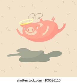 Pig with nimbus and angel wing flying under the puddle, vector illustration