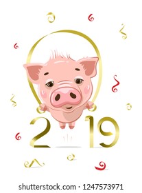 Pig, numbers 2019. Symbol of New year Xmas holiday. Vector illustration.