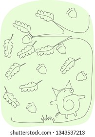 Pig and oak tree with leaves and acorns