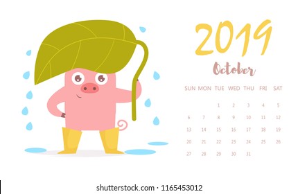 Pig October calendar Vector. Cartoon. Isolated art on white background. Flat