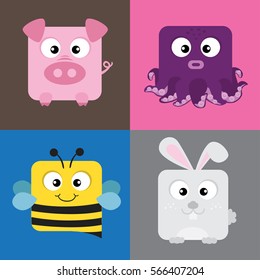 Pig Octopus Bee Rabbit Icons - Vector Illustrations