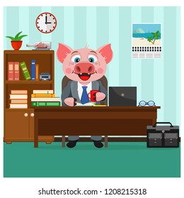 The pig an office worker. Big boss, clerk, Manager. Symbol of 2019. Vector illustration.