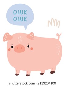 Pig with oink sound. Cute farm animal talking