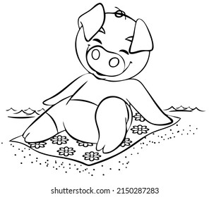 Schweinefleisch am Strand. Element zum Färben der Seite. Cartoon-Stil.