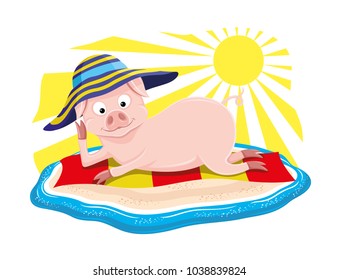 Pig on the beach on a white background.