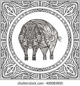 Pig on ethnic pattern background. Coloring book for adult and older children. Coloring page. Outline drawing. Vector illustration.