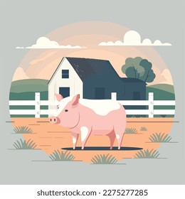 Pig on a farm. Domestic or farm yard animals. Flat vector illustration concept