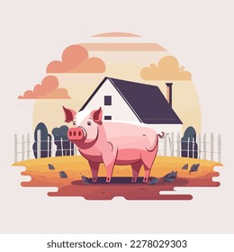 Pig on a farm. Domestic or farm yard animals. Flat vector illustration concept