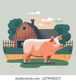 Pig on a farm. Domestic or farm yard animals. Flat vector illustration concept