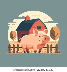 Pig on a farm. Domestic or farm yard animals. Flat vector illustration concept