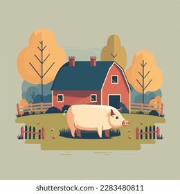 Pig on a farm. Domestic or farm yard animals. Flat vector illustration concept