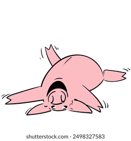 Pig on the ground belly up laughing his head off in cartoon style vector very simple and ready to print