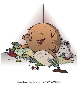 Pig on a heap of garbage