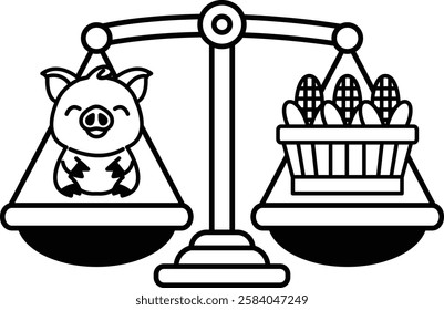 A pig is on one side of a scale and corn is on the other side. The pig is smiling and the corn is in a basket