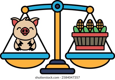 A pig is on one side of a scale and corn is on the other. The pig is smiling and the corn is in a basket