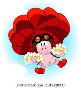 pig on a parachute with daisies  - vector  illustration, eps 
