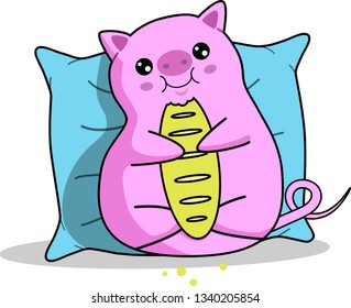 Pig on a pillow with a loaf in his hands. Sticker.