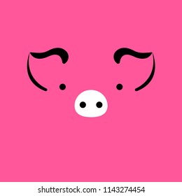 Pig on a pink background. Black and white graphic on a colored background.