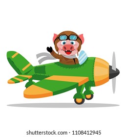 The pig on the plane. Vector illustration isolated on white background.